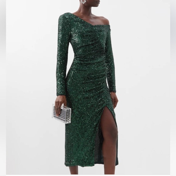 Self-Portrait Off-the-shoulder asymmetric sequinned dress green, UK 6/US 2 - Picture 1 of 9